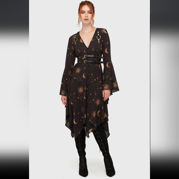 Killstar Dresses & Skirts - Killstar Black Dress with Gold Celestial Design
